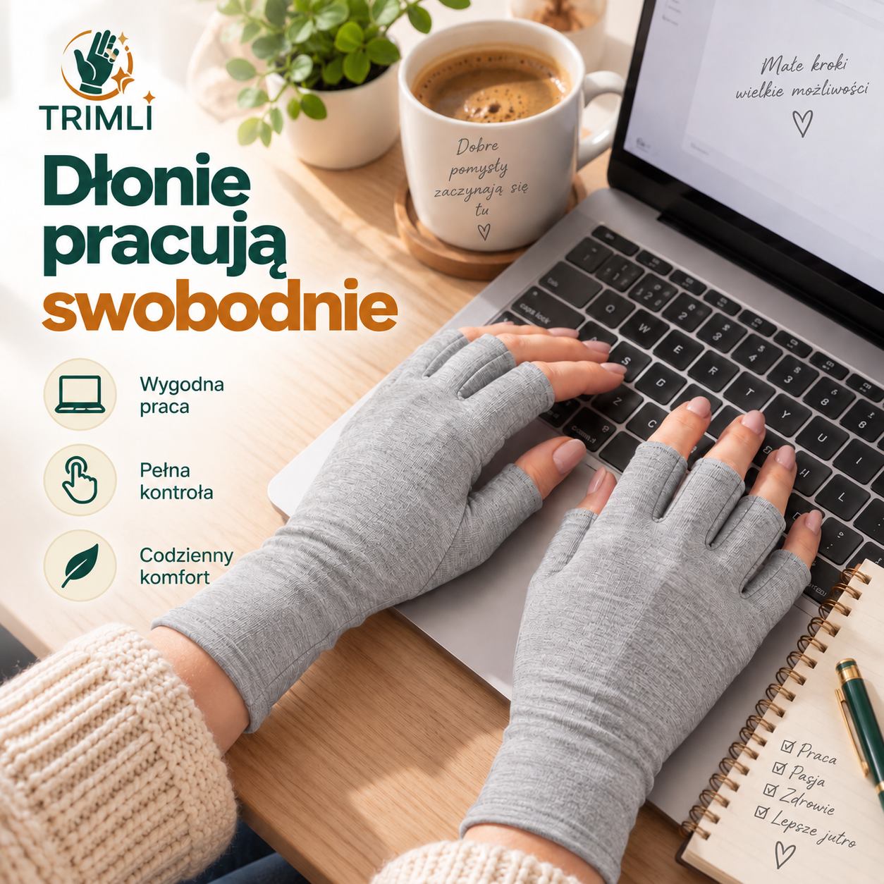 Dłonie w rękawiczkach Trimli Comfort na klawiaturze laptopa