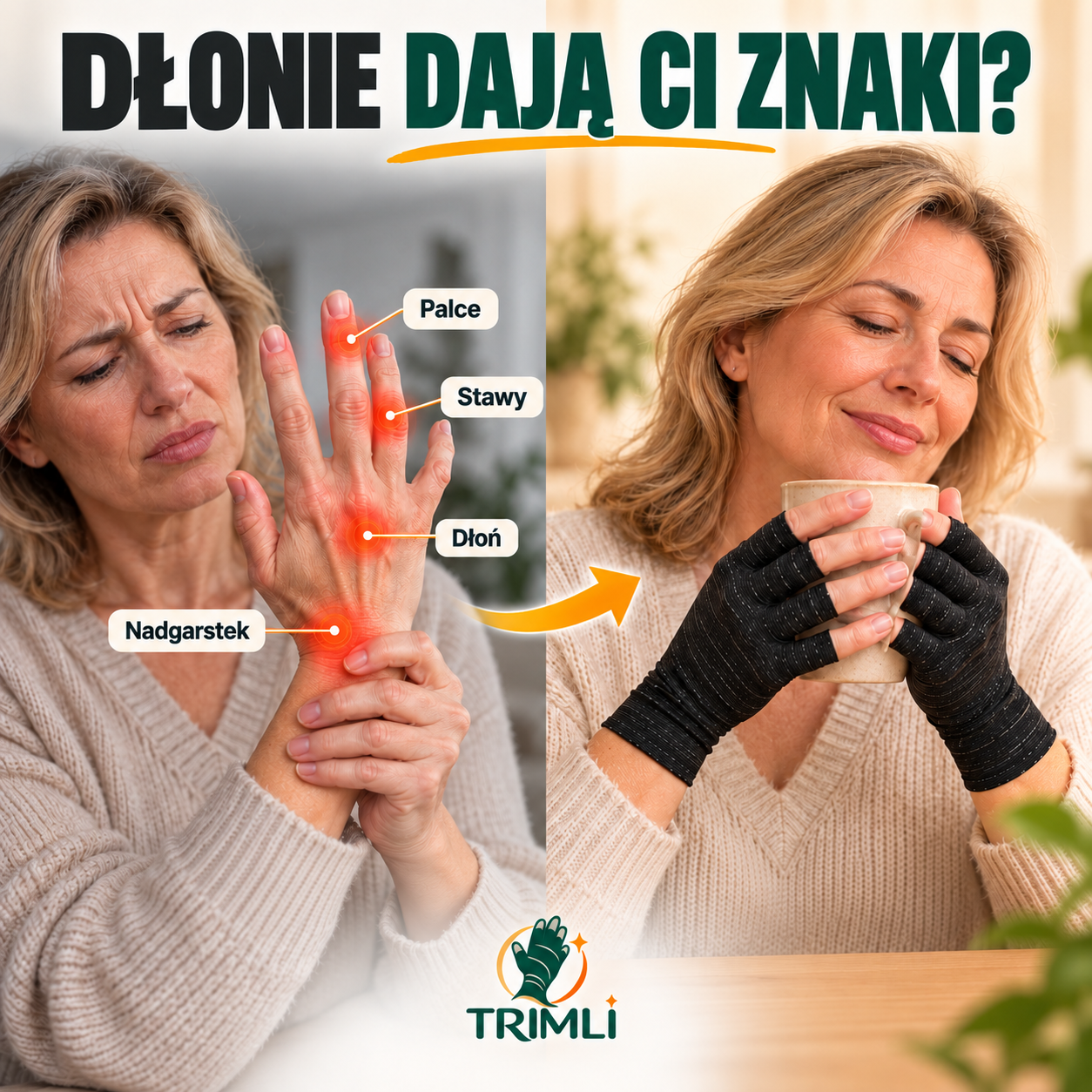 Dłonie bez rękawiczek i z rękawiczkami Trimli Comfort