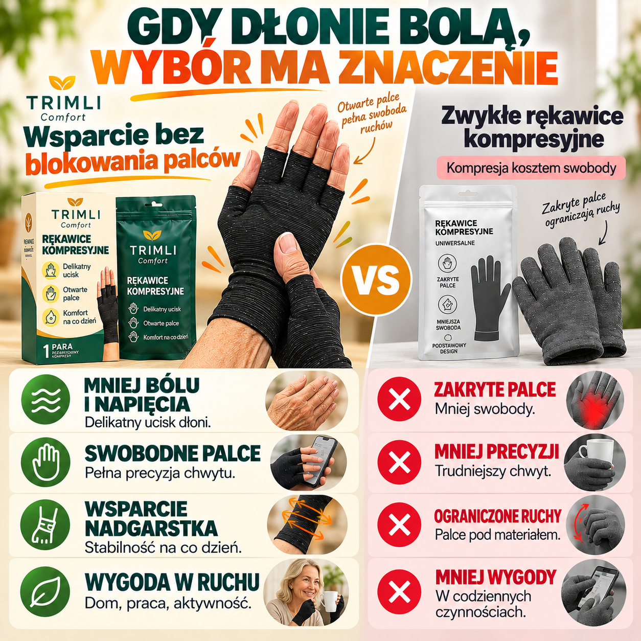 Porównanie: Trimli Comfort i zwykłe rękawice kompresyjne